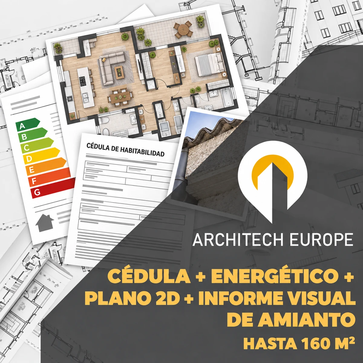 Imagen ilustrativa de Cédula, certificado energético, plano 2D con texturas e informe visual de amianto · hasta 160 m²